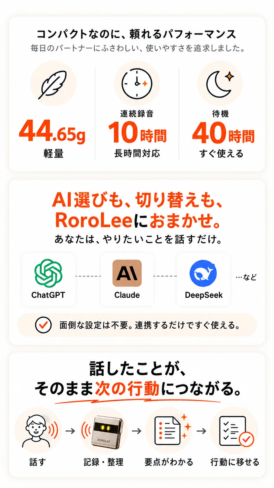 RoroLeeの軽量・連続録音・待機時間とAI連携