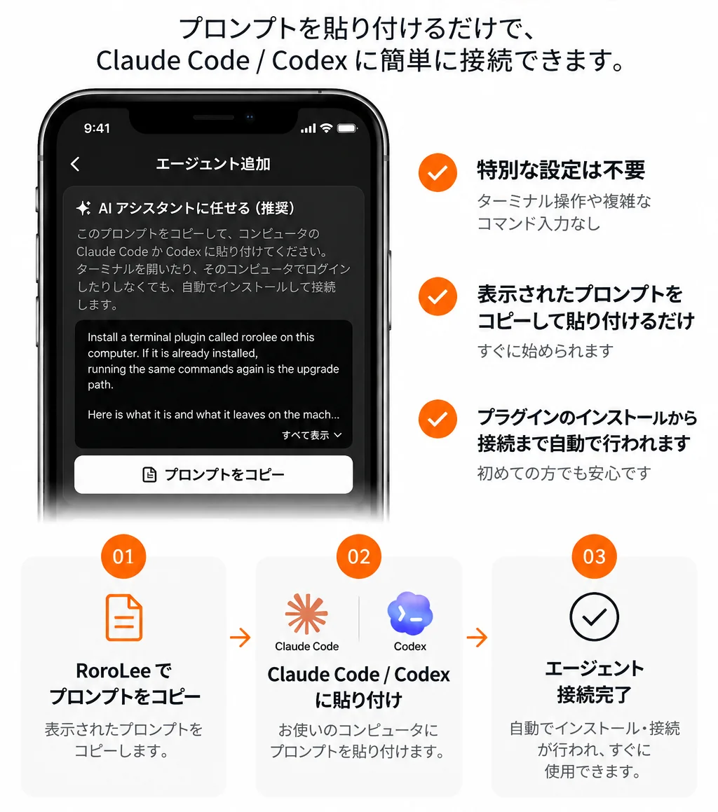 プロンプトを貼り付けてClaude Code・Codexへ接続